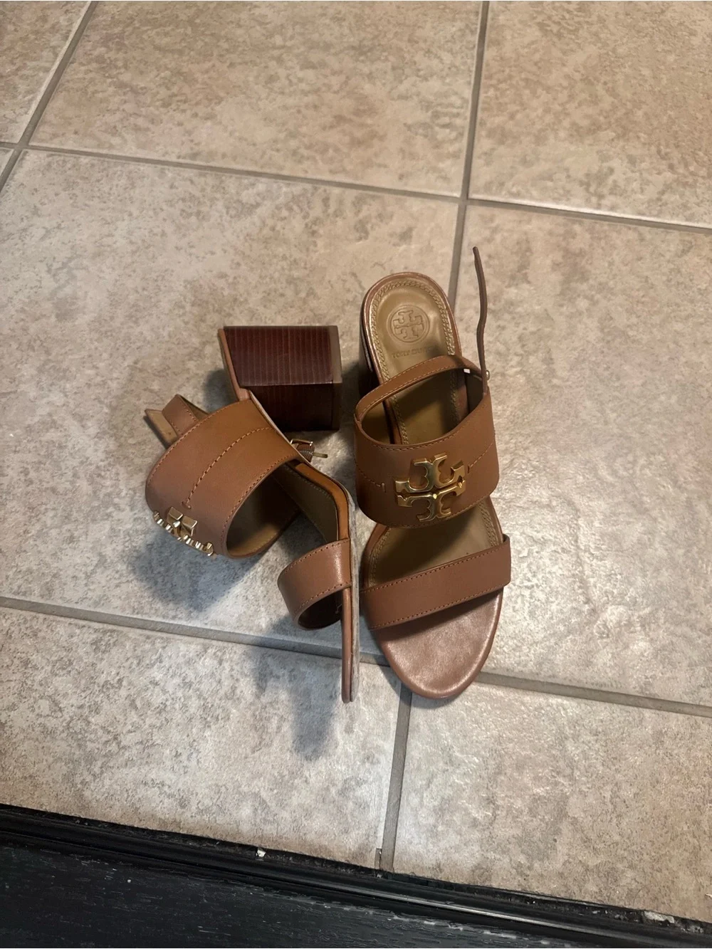 Tory Burch Tan Leather Slide Heels with Gold Logo